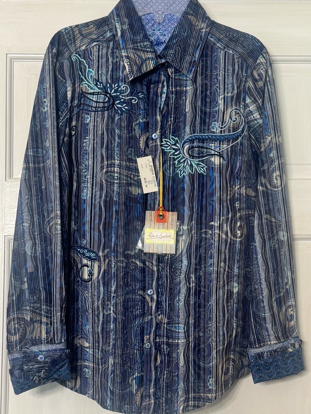 Robert Graham Navy and Light Blue Paisley-Stripe Button Shirt